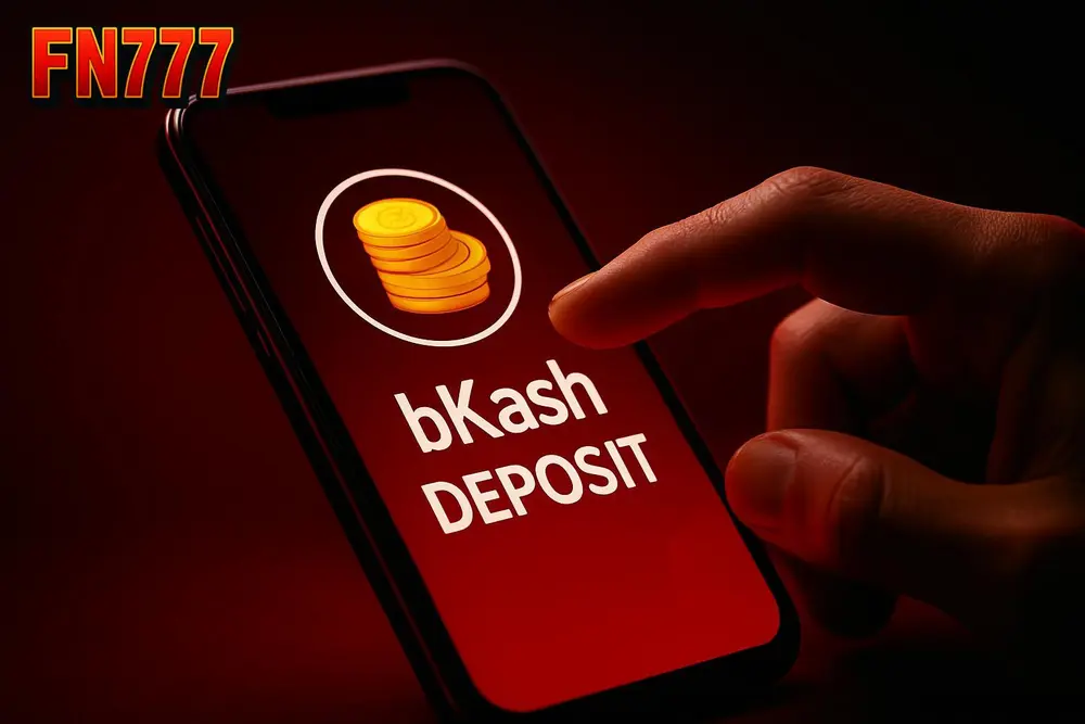 FN777 bKash Deposit — a hand tapping a mobile banking app with coins graphic overlay FN777 bKash Deposit — a hand tapping a mobile banking app with coins graphic overlay