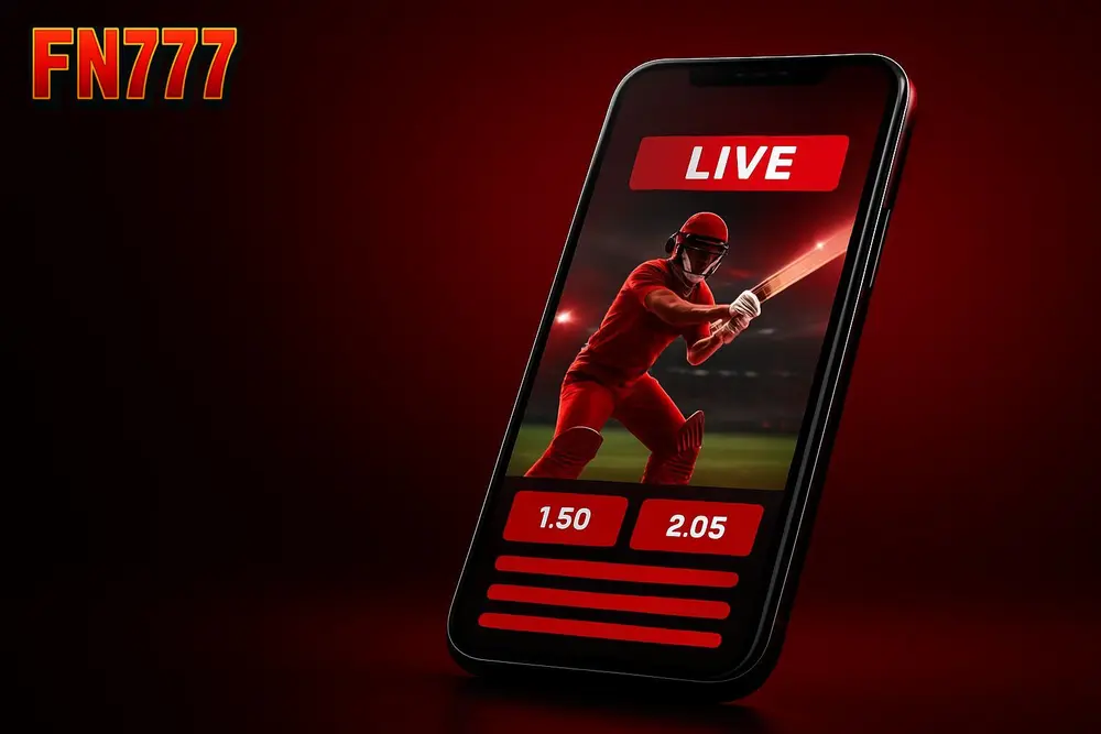 FN777 Cricket Betting โ a smartphone showing a live cricket score and betting odds screen FN777 Cricket Betting โ a smartphone showing a live cricket score and betting odds screen