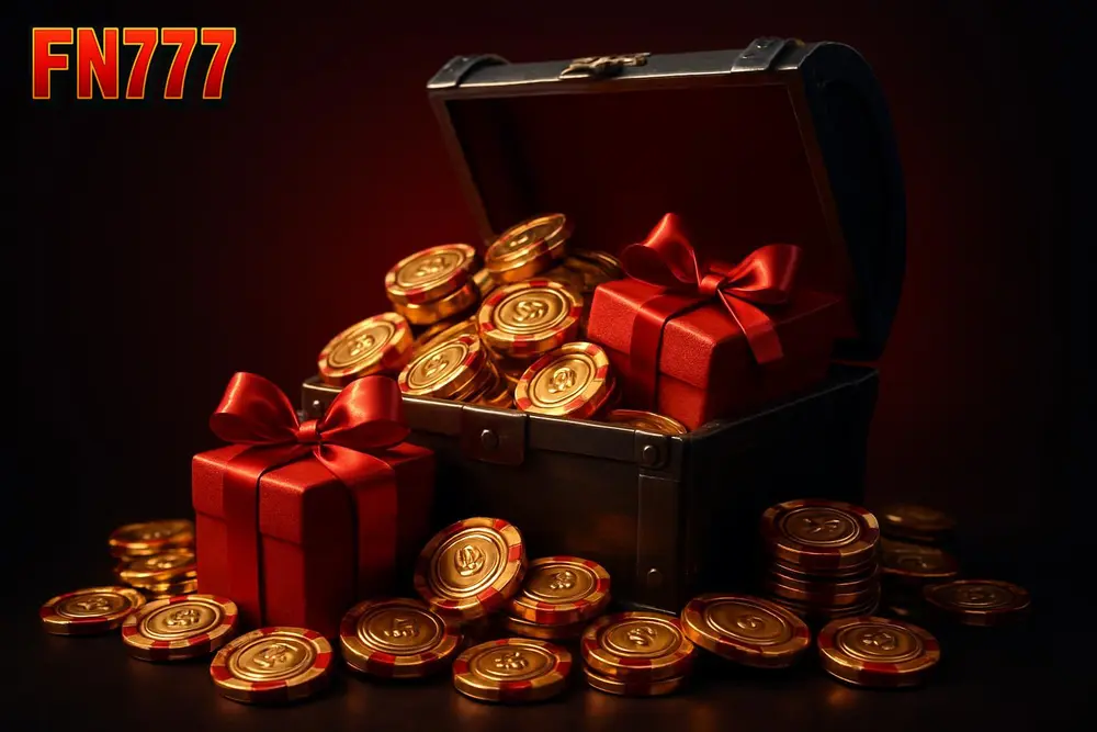 FN777 Signup Bonus — an overflowing treasure chest of golden casino chips and gift boxes